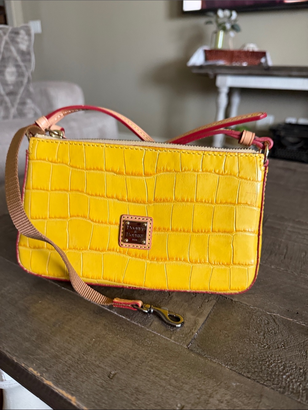 Dooney & Bourke Yellow Croc-Embossed Leather Crossbody with Pink Trim